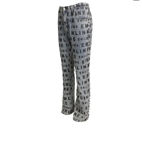 Emline Gray Studded Logo Jeans - Picture 3 of 4